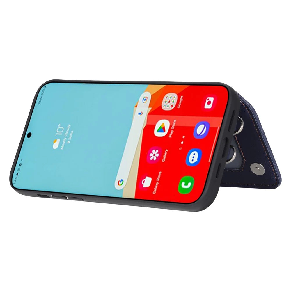 Style 008 For Samsung Galaxy S22 Ultra 5G RFID Blocking Card Holder Phone Case Leather+TPU Kickstand Back Cover - Blue - 4