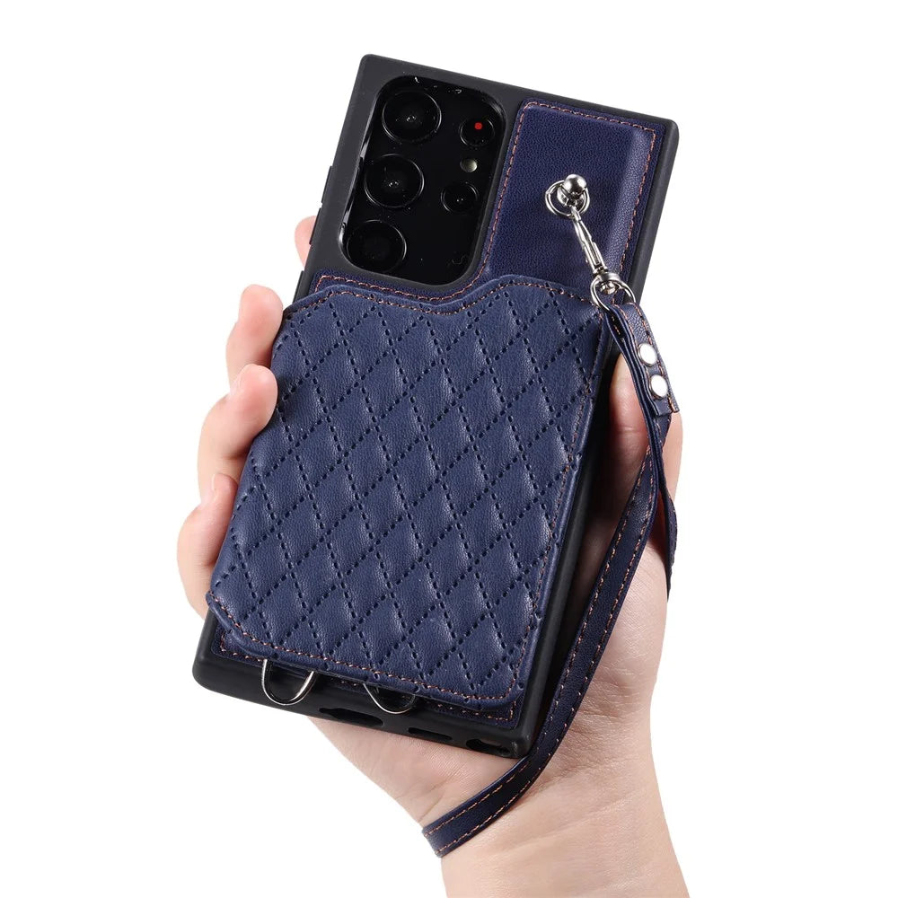 Style 008 For Samsung Galaxy S22 Ultra 5G RFID Blocking Card Holder Phone Case Leather+TPU Kickstand Back Cover - Blue - 5