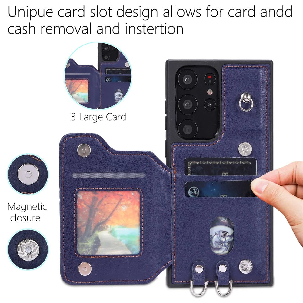 Style 008 For Samsung Galaxy S22 Ultra 5G RFID Blocking Card Holder Phone Case Leather+TPU Kickstand Back Cover - Blue - 7