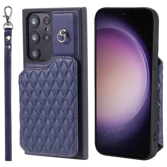 Style 008 For Samsung Galaxy S23 Ultra Leather Coated TPU Phone Cover RFID Blocking Card Holder Case - Blue - 1