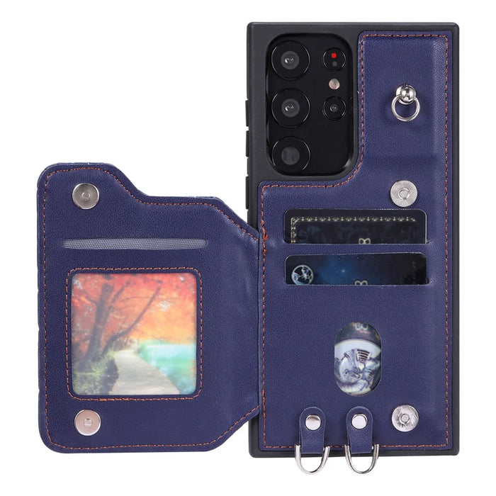 Style 008 For Samsung Galaxy S23 Ultra Leather Coated TPU Phone Cover RFID Blocking Card Holder Case - Blue - 2