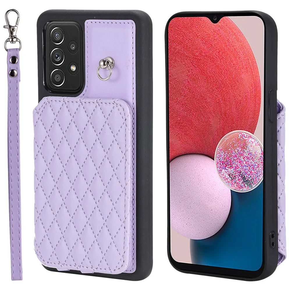 Style 008 PU Leather+TPU Phone Cover for Samsung Galaxy A13 4G / A13 5G Kickstand RFID Blocking Phone Case with Wrist Strap - Purple - 1
