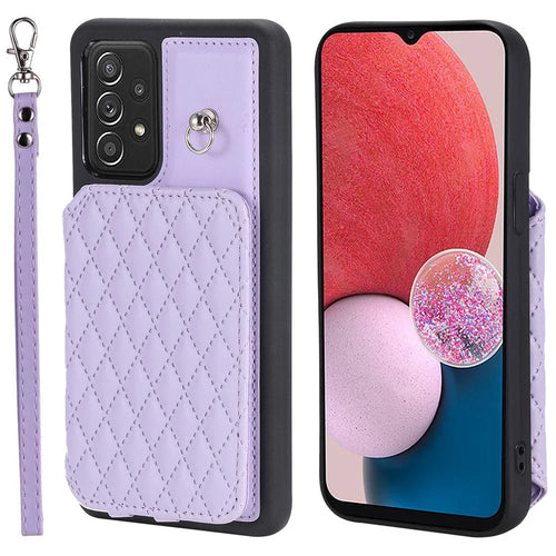 Style 008 PU Leather+TPU Phone Cover for Samsung Galaxy A13 4G / A13 5G Kickstand RFID Blocking Phone Case with Wrist Strap - Purple - 1
