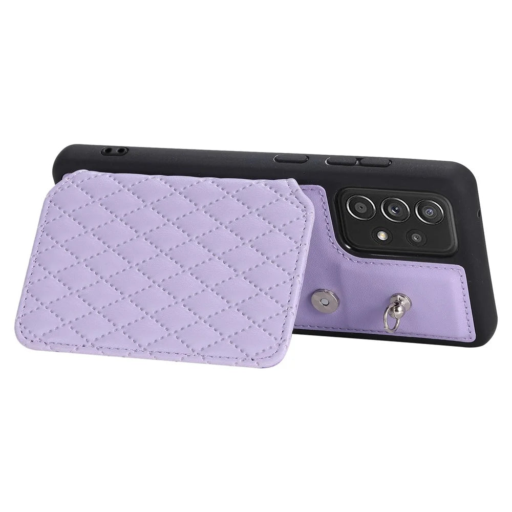Style 008 PU Leather+TPU Phone Cover for Samsung Galaxy A13 4G / A13 5G Kickstand RFID Blocking Phone Case with Wrist Strap - Purple - 4