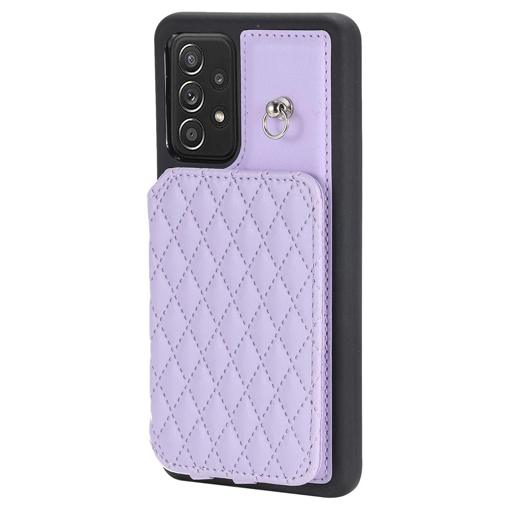 Style 008 PU Leather+TPU Phone Cover for Samsung Galaxy A13 4G / A13 5G Kickstand RFID Blocking Phone Case with Wrist Strap - Purple - 7