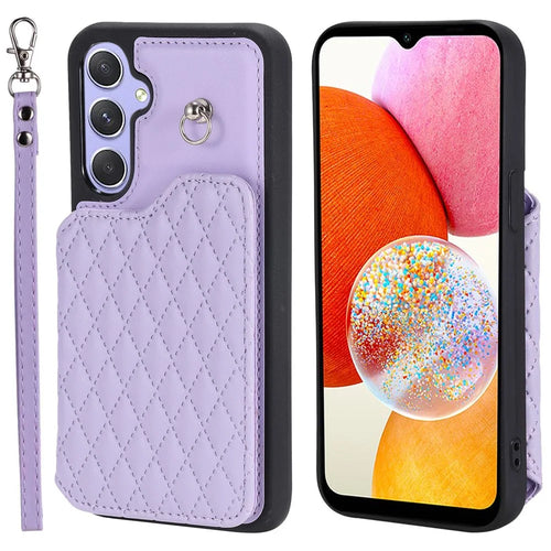 Style 008 For Samsung Galaxy A14 5G / A14 4G Kickstand Case PU Leather+TPU RFID Blocking Phone Shell with Wrist Strap - Purple - 1
