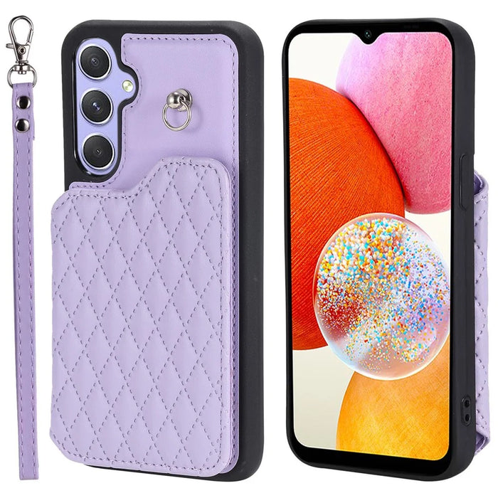 Style 008 For Samsung Galaxy A14 5G / A14 4G Kickstand Case PU Leather+TPU RFID Blocking Phone Shell with Wrist Strap - Purple - 1