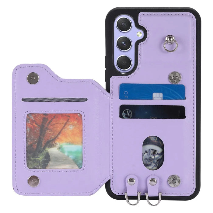 Style 008 For Samsung Galaxy A14 5G / A14 4G Kickstand Case PU Leather+TPU RFID Blocking Phone Shell with Wrist Strap - Purple - 2