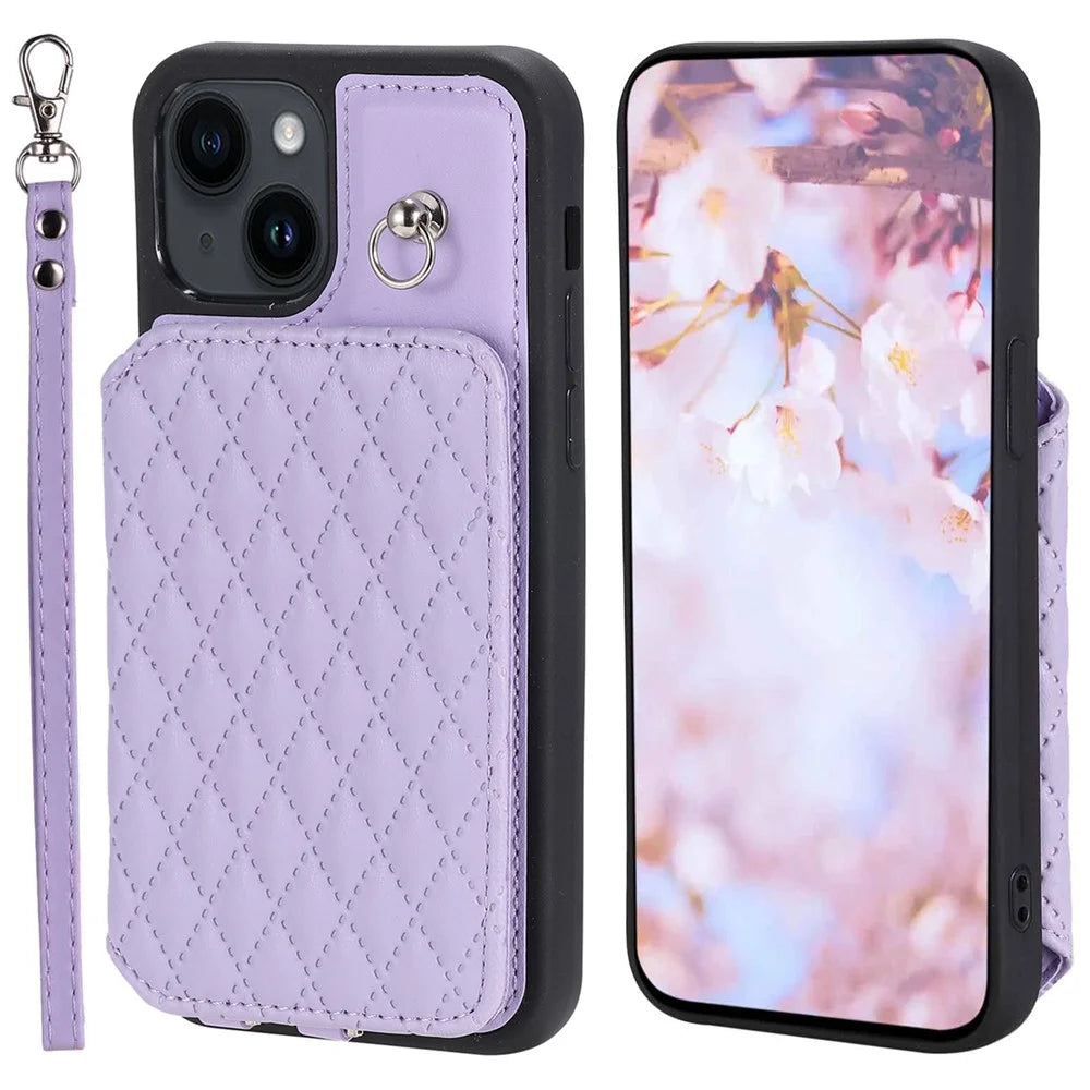 Style 008 For iPhone 15 Plus RFID Blocking Case Drop Resistant PU+TPU Phone Shell with Wrist Strap - Purple - 1