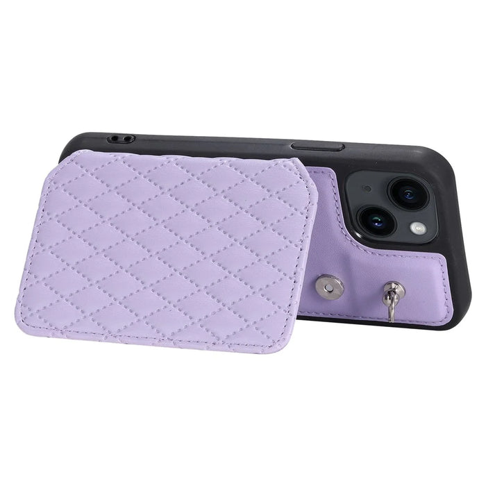 Style 008 For iPhone 15 Plus RFID Blocking Case Drop Resistant PU+TPU Phone Shell with Wrist Strap - Purple - 4