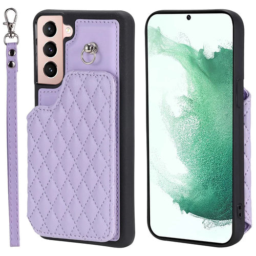Style 008 For Samsung Galaxy S22+ 5G RFID Blocking Case PU Leather Coated TPU Phone Shell with Wrist Strap - Purple - 1