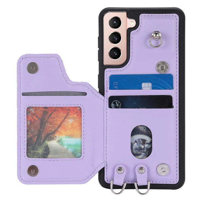 Style 008 For Samsung Galaxy S22+ 5G RFID Blocking Case PU Leather Coated TPU Phone Shell with Wrist Strap - Purple - 2