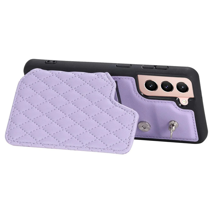 Style 008 For Samsung Galaxy S22+ 5G RFID Blocking Case PU Leather Coated TPU Phone Shell with Wrist Strap - Purple - 4