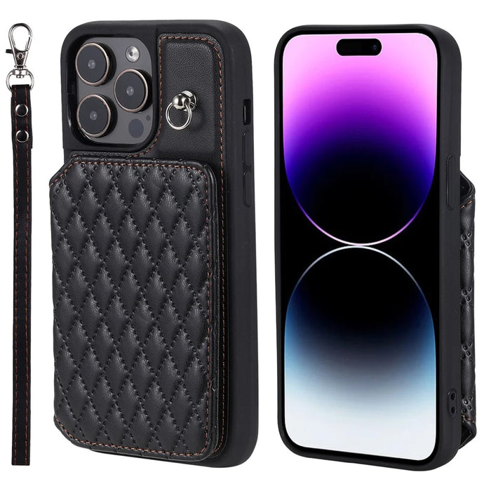 Style 008 Phone Case for iPhone 15 Pro Max RFID Blocking PU Leather Coated TPU Shell with Wrist Strap - Black - 1