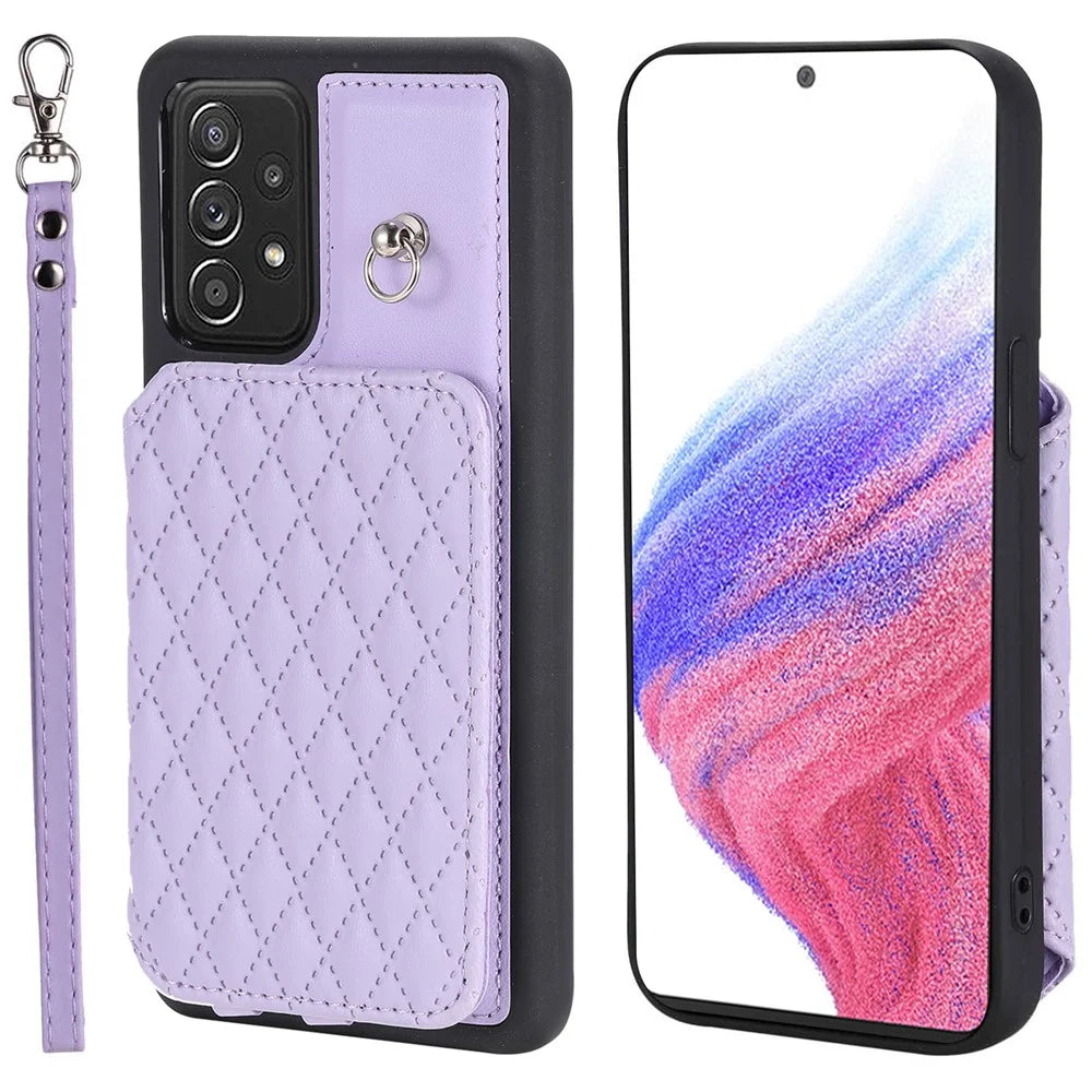 Style 008 For Samsung Galaxy A53 5G PU Leather+TPU Shell Kickstand Phone Case RFID Blocking Cover with Wrist Strap - Purple - 1