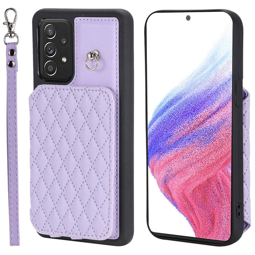 Style 008 For Samsung Galaxy A53 5G PU Leather+TPU Shell Kickstand Phone Case RFID Blocking Cover with Wrist Strap - Purple - 1