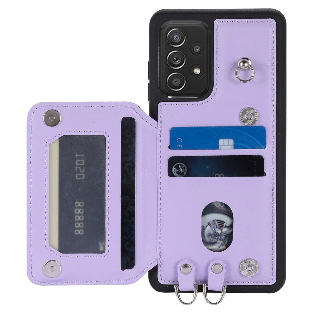Style 008 For Samsung Galaxy A53 5G PU Leather+TPU Shell Kickstand Phone Case RFID Blocking Cover with Wrist Strap - Purple - 2