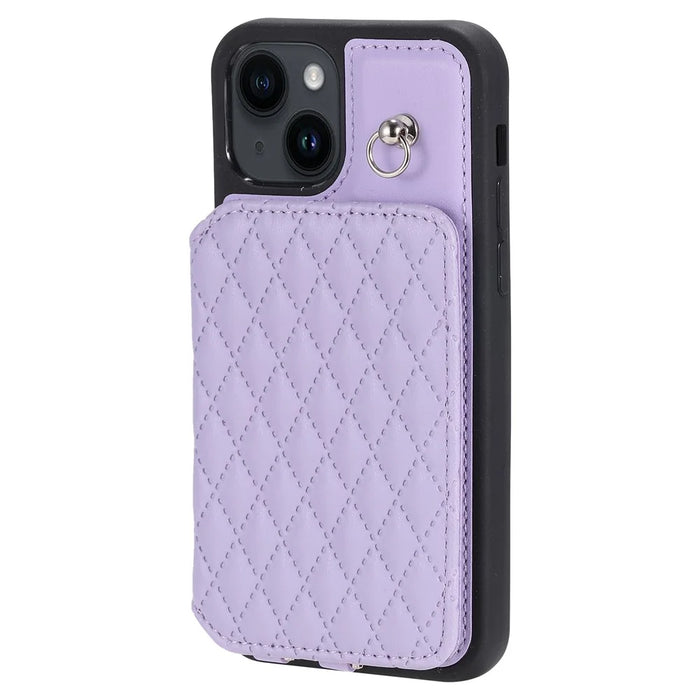 Style 008 Phone Case for iPhone 15 RFID Blocking Card Holder PU Leather Coated TPU Shell with Wrist Strap - Purple - 7