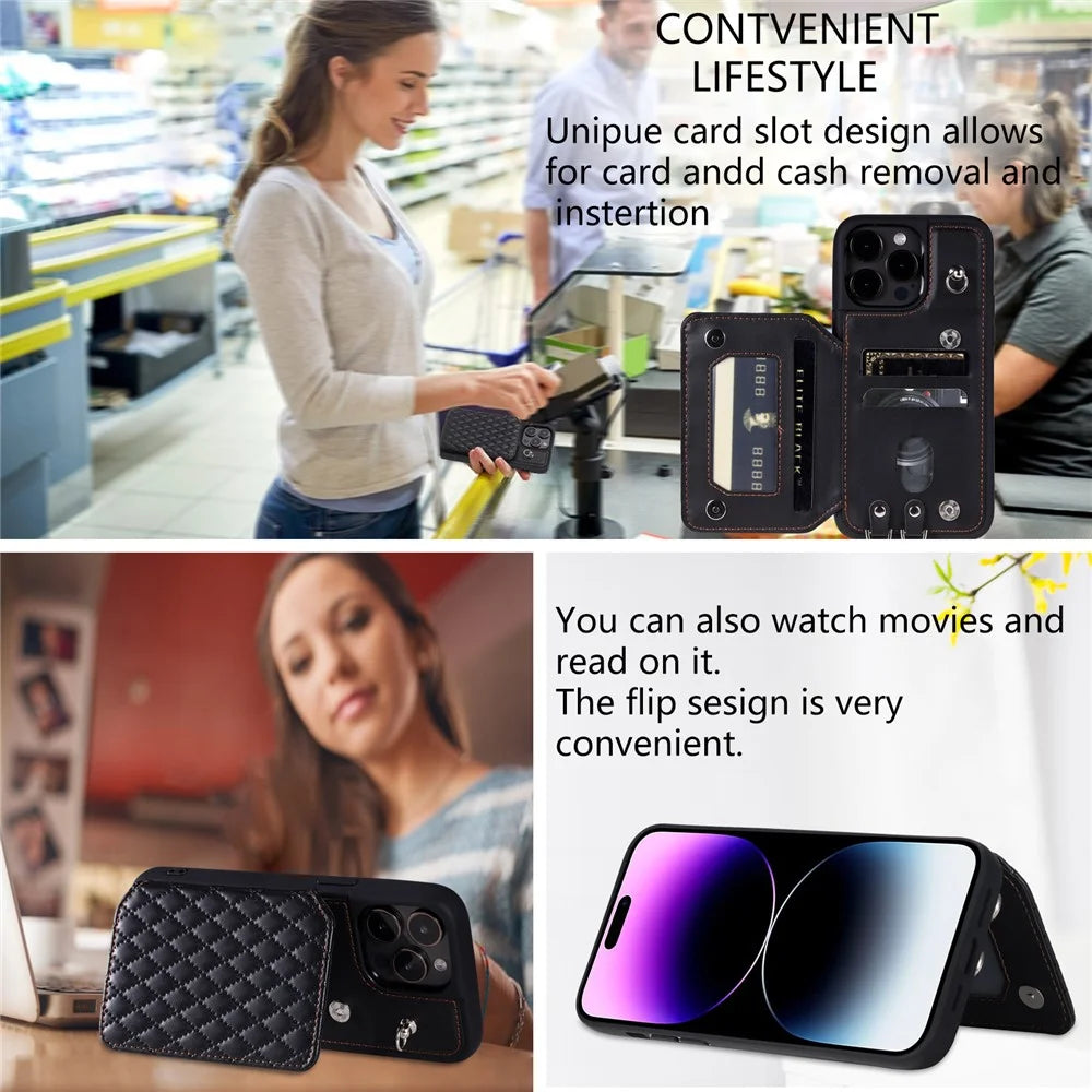 Style 008 For iPhone 15 Pro Kickstand Case PU Leather Coated TPU RFID Blocking Phone Shell with Wrist Strap - Black - 6