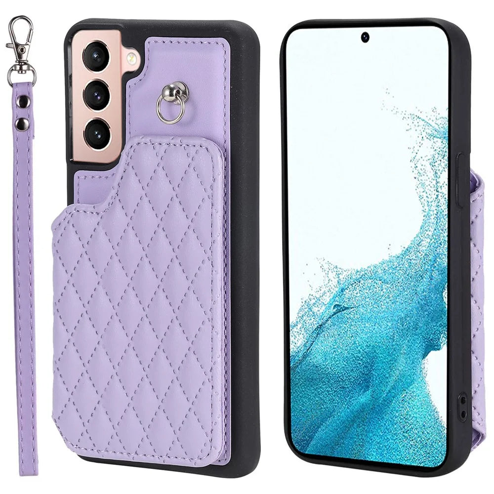 Style 008 Phone Cover for Samsung Galaxy S22 5G , Kickstand PU Leather+TPU RFID Blocking Phone Shell with Wrist Strap - Purple - 1