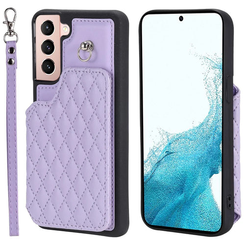Style 008 Phone Cover for Samsung Galaxy S22 5G , Kickstand PU Leather+TPU RFID Blocking Phone Shell with Wrist Strap - Purple - 1