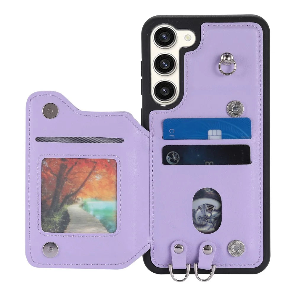 Style 008 Phone Cover for Samsung Galaxy S23 , Kickstand PU Leather+TPU RFID Blocking Card Holder Shell with Wrist Strap - Purple - 2