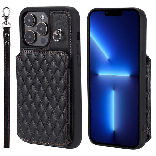 Style 008 Kickstand Phone Cover for iPhone 13 Pro Max 6.7 inch , PU Leather+TPU RFID Blocking Card Holder Shell with Wrist Strap - Black - 1