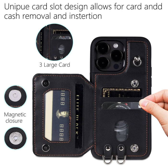 Style 008 Phone Cover for iPhone 14 Pro Max , PU Leather+TPU RFID Blocking Card Holder Kickstand Shell with Wrist Strap - Black - 7