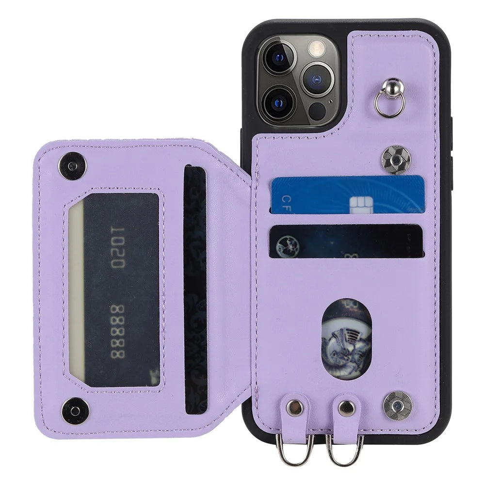 Style 008 Card Holder Cover for iPhone 12 Pro Max 6.7 inch , RFID Blocking PU Leather+TPU Phone Shell with Kickstand and Wrist Strap - Purple - 2