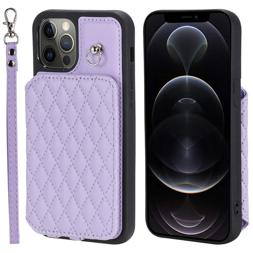 Style 008 Card Holder Cover for iPhone 12 / 12 Pro 6.1 inch , Kickstand PU Leather+TPU RFID Blocking Phone Shell with Wrist Strap - Purple - 1