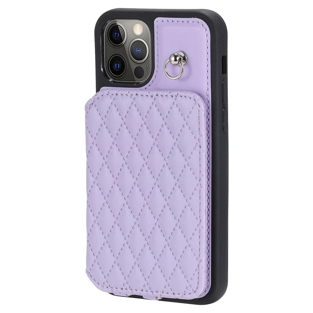 Style 008 Card Holder Cover for iPhone 12 / 12 Pro 6.1 inch , Kickstand PU Leather+TPU RFID Blocking Phone Shell with Wrist Strap - Purple - 7