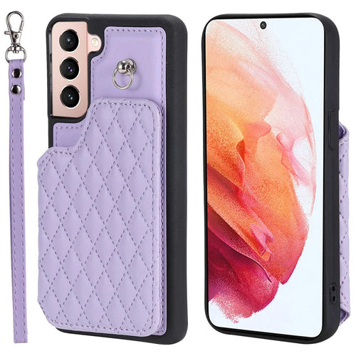 Style 008 For Samsung Galaxy S21 4G / 5G Kickstand Case RFID Blocking PU Leather+TPU Phone Shell with Card Slots and Wrist Strap - Purple - 1