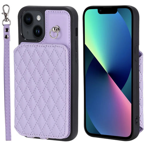 Style 008 Kickstand Phone Cover for iPhone 13 6.1 inch , PU Leather+TPU RFID Blocking Anti-scratch Shell with Wrist Strap - Purple - 1