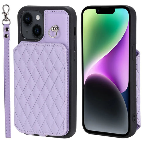 Style 008 Kickstand Phone Cover for iPhone 14 , PU Leather+TPU RFID Blocking Shockproof Shell with Wrist Strap - Purple - 1