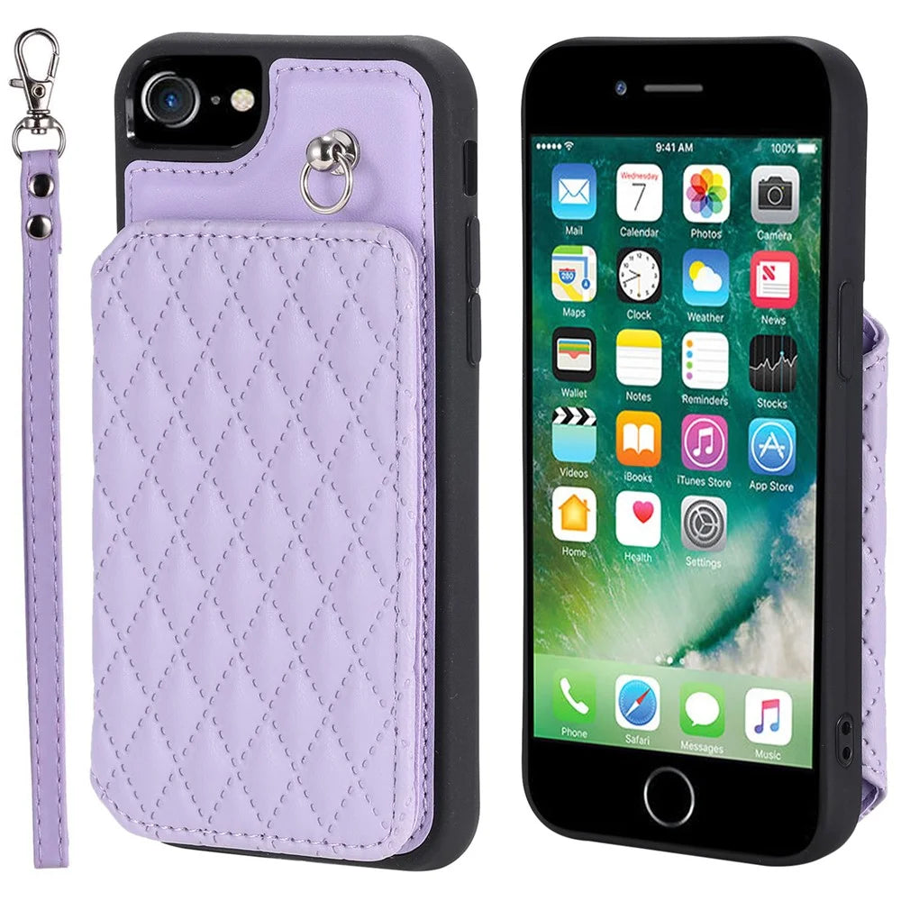 Style 008 Phone Cover for iPhone 6 / 6s / 7 / 8 / SE (2020) / SE (2022) , PU Leather+TPU RFID Blocking Fall-proof Kickstand Shell with Wrist Strap - Purple - 1