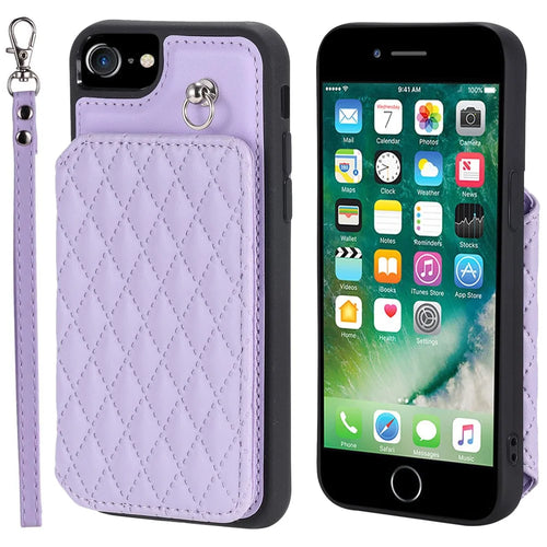 Style 008 Phone Cover for iPhone 6 / 6s / 7 / 8 / SE (2020) / SE (2022) , PU Leather+TPU RFID Blocking Fall-proof Kickstand Shell with Wrist Strap - Purple - 1