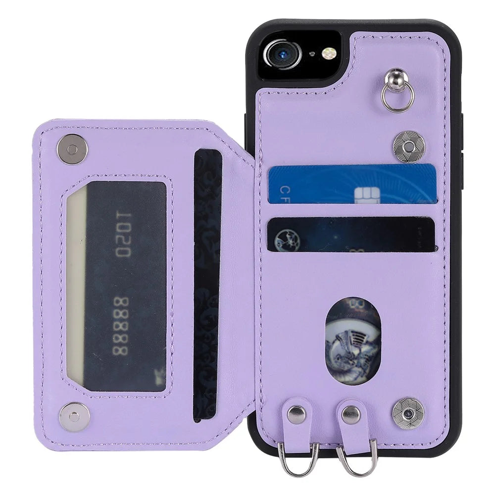 Style 008 Phone Cover for iPhone 6 / 6s / 7 / 8 / SE (2020) / SE (2022) , PU Leather+TPU RFID Blocking Fall-proof Kickstand Shell with Wrist Strap - Purple - 2