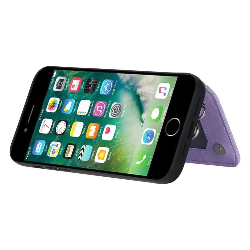 Style 008 Phone Cover for iPhone 6 / 6s / 7 / 8 / SE (2020) / SE (2022) , PU Leather+TPU RFID Blocking Fall-proof Kickstand Shell with Wrist Strap - Purple - 3