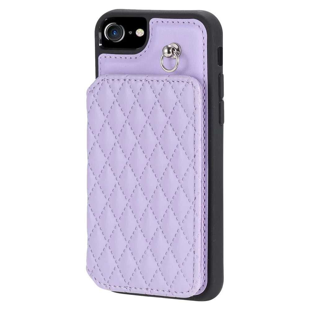 Style 008 Phone Cover for iPhone 6 / 6s / 7 / 8 / SE (2020) / SE (2022) , PU Leather+TPU RFID Blocking Fall-proof Kickstand Shell with Wrist Strap - Purple - 7