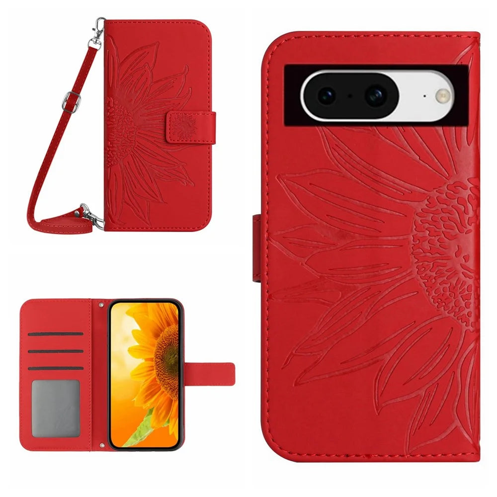 HT04 For Google Pixel 8 Leather Wallet Stand Case Sunflower Imprinted Phone Cover with Shoulder Strap - Red - 1
