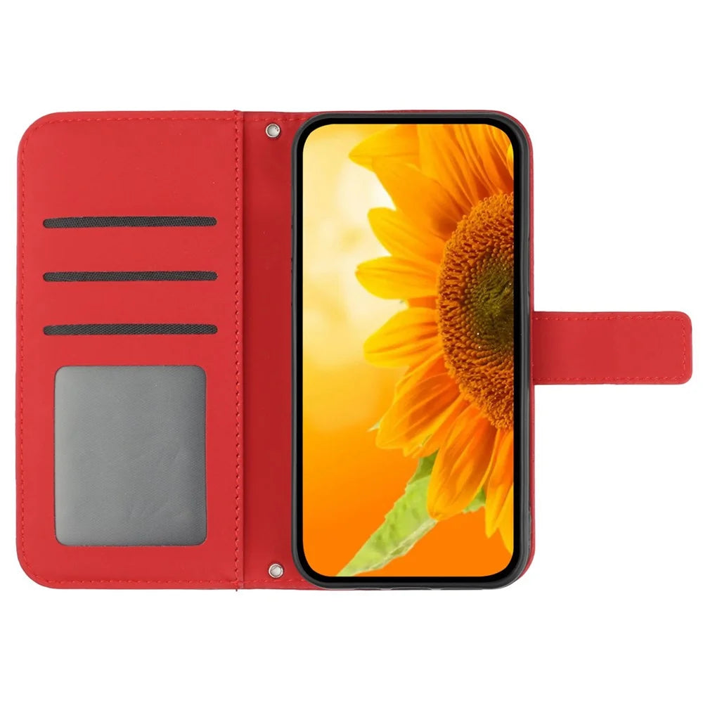 HT04 For Google Pixel 8 Leather Wallet Stand Case Sunflower Imprinted Phone Cover with Shoulder Strap - Red - 2