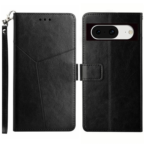 HT01 For Google Pixel 8 Wallet Phone Stand Case Y-shaped Line Imprinted Leather Cover - Black - 1