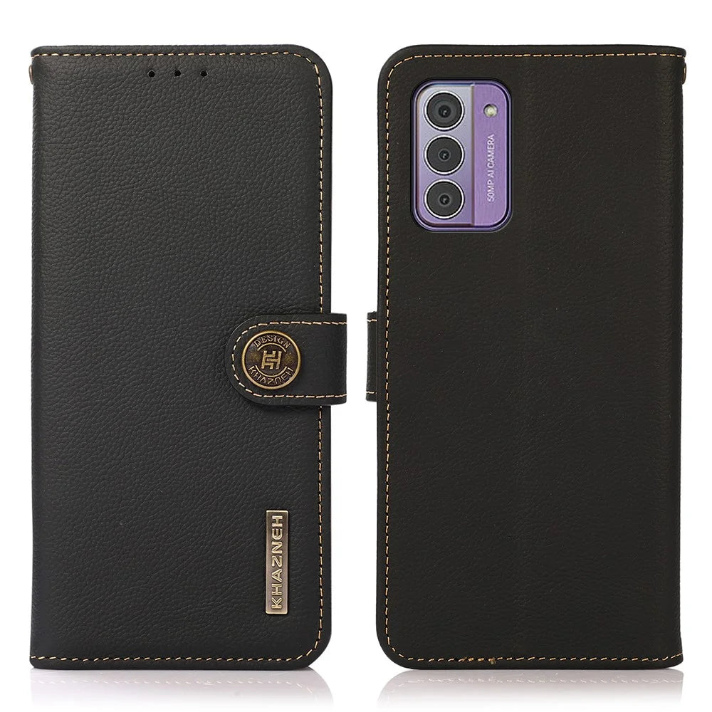 KHAZNEH For Nokia G42 Phone Case Drop Protection Genuine Cow Leather Phone Cover Stand RFID Blocking Wallet - Black - 1