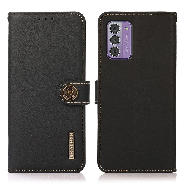 KHAZNEH For Nokia G42 Phone Case Drop Protection Genuine Cow Leather Phone Cover Stand RFID Blocking Wallet - Black - 1
