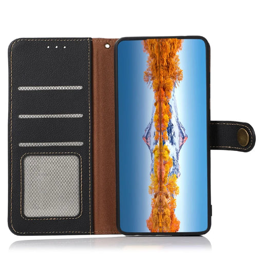 KHAZNEH For Nokia G42 Phone Case Drop Protection Genuine Cow Leather Phone Cover Stand RFID Blocking Wallet - Black - 2