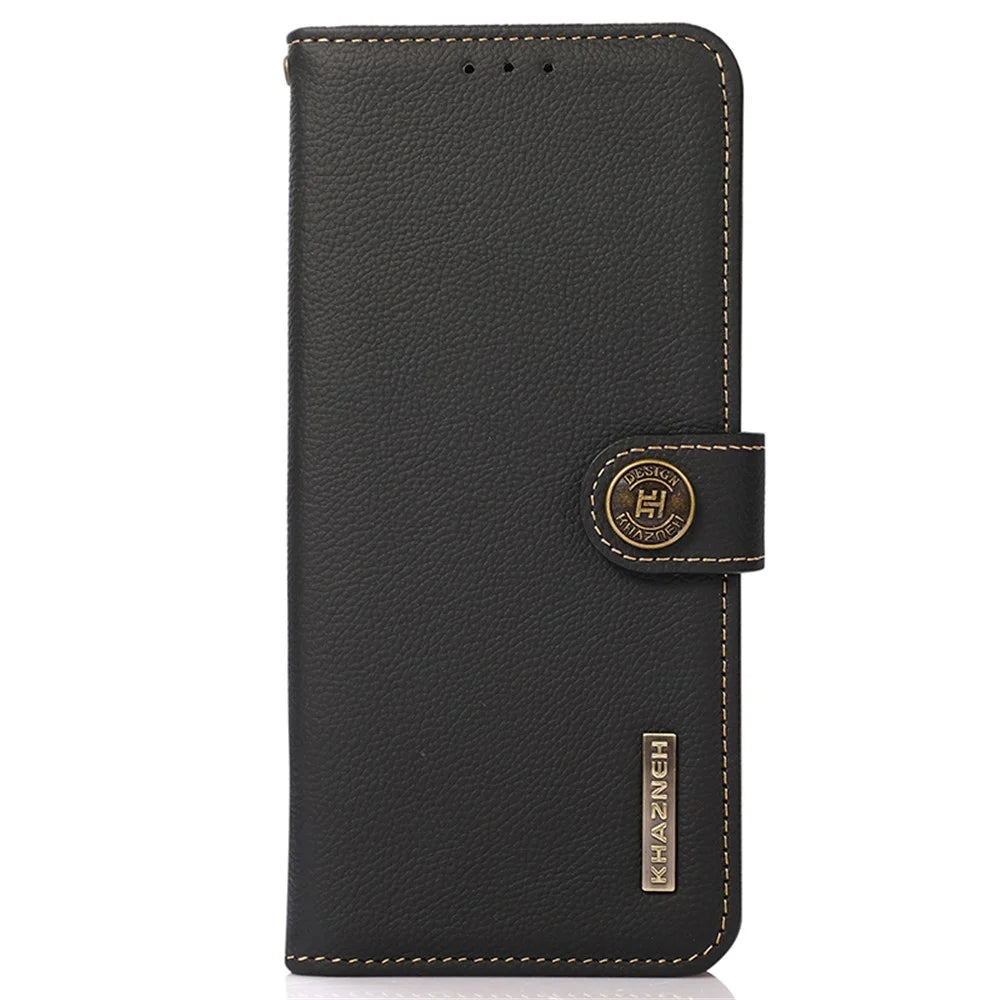 KHAZNEH For Nokia G42 Phone Case Drop Protection Genuine Cow Leather Phone Cover Stand RFID Blocking Wallet - Black - 6