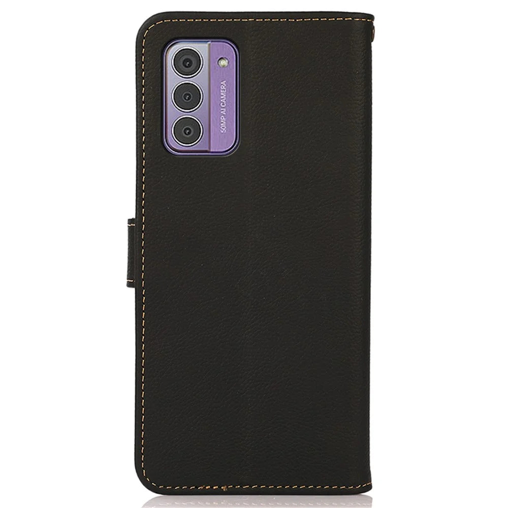 KHAZNEH For Nokia G42 Phone Case Drop Protection Genuine Cow Leather Phone Cover Stand RFID Blocking Wallet - Black - 7