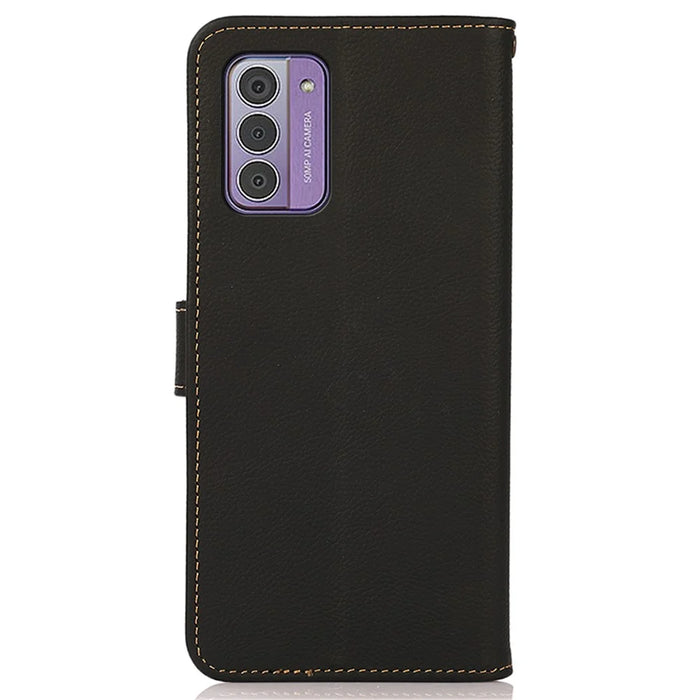 KHAZNEH For Nokia G42 Phone Case Drop Protection Genuine Cow Leather Phone Cover Stand RFID Blocking Wallet - Black - 7
