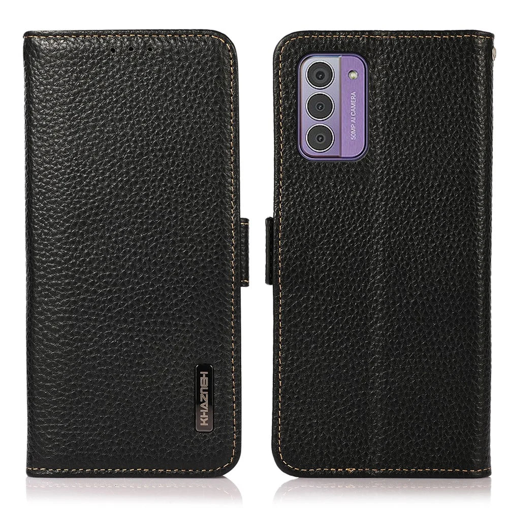 KHAZNEH For Nokia G42 Phone Case Wallet RFID Blocking Stand Litchi Texture Genuine Cow Leather Cover - Black - 1
