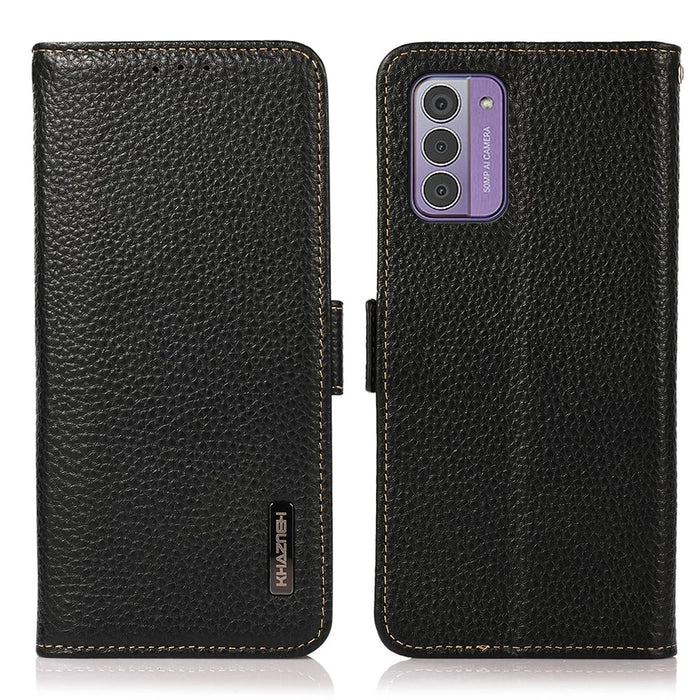 KHAZNEH For Nokia G42 Phone Case Wallet RFID Blocking Stand Litchi Texture Genuine Cow Leather Cover - Black - 1